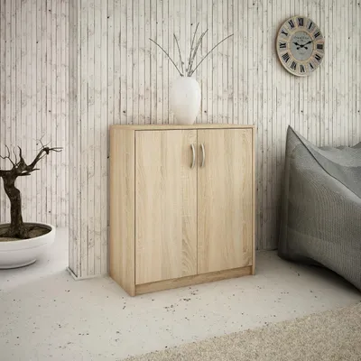 Produktbild von MATKAM Kommode 2-türig | H/B/T 85 x 74 x 35 cm | Ein Innenregal aus Holzwerkstoff| Griffe in satinierter Metall-Optik (Sonoma Eiche)