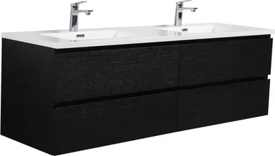 Image de Ensemble de meubles de salle de bain Badplaats avec lavabo et meuble sous lavabo Angela 160 x 48 cm Noir Bois - Meuble sous lavabo avec fermeture douce et double lavabo, pré-assemblé