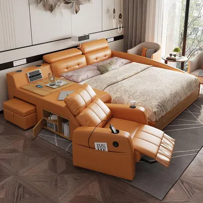 Produktbild von Multifunktionales Bett Moderner Stil Beigefarben Holzrahmen Bequem