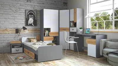 Produktbild von Jugendzimmer Carini 6 teilig Komplett Set in Graphit, Eiche und Weiß - Jugendzimmer Kinderzimmer Möbel Teenagerzimmer