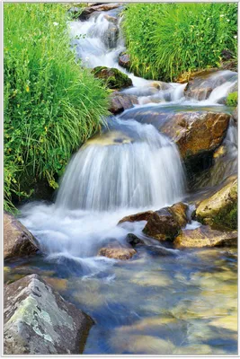 Produktbild von Wallario Wandbild Kleiner Bach über Steine, Größe: 61 x 91,50 cm, Poster mit weißem Aluminiumrahmen