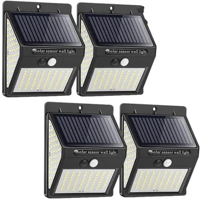 Immagine prodotto di Un set di 4 luci da esterno a energia solare, impermeabili, con sensore di movimento, 144 LED, grado di protezione IP65, ideali per il giardino.
