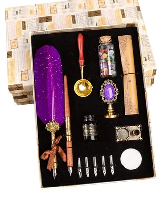 Produktbild von Kalligrafie Set mit Federkiel, Tinte und Siegelstempel, 5 Stiftspitzen, Geschenkbox