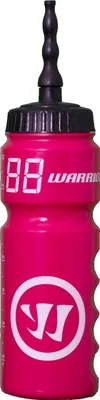A pink Warrior brand water bottle with a black cap and spout.