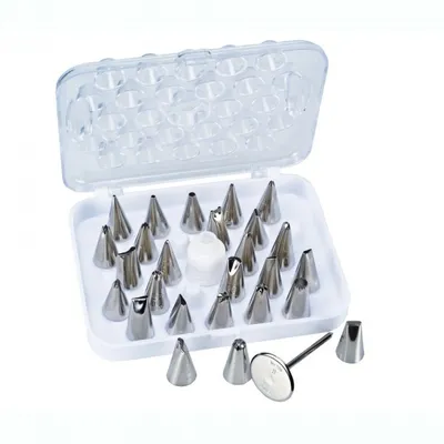 Produktbild von Schneider Spritztüllen-Set 29-teilig aus Edelstahl, 30 mm Höhe, inkl. Adapter und Kunststoffbox