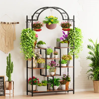 Produktbild von WISFOR Blumenständer, Pflanzenregal mit 8 Ablagen und 16 Haken, 190cm Hoch Pflanzenständer Blumenregal für Indoor Balkon Boden Blumentreppe Wohzimmer