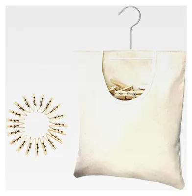 Produktbild von Wäscheklammerhalter Tasche, Canvas Wäscheklammerbeutel mit Haken, drehbar 360 Grad Wäsche Organizer mit weiter Öffnung für Balkon, Terrasse, Schlafzimmer und Garten