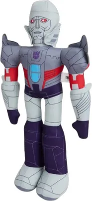 A plush toy of the Transformers character Megatron is shown standing upright against a white background.