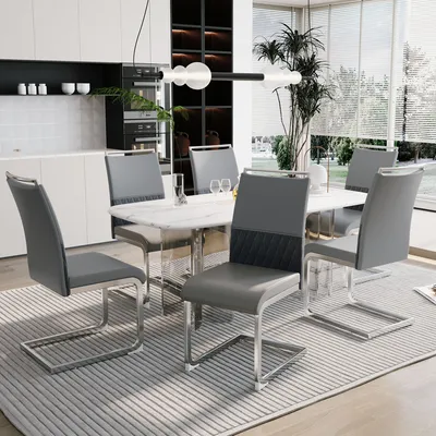 Immagine prodotto di okwish: Sedia da pranzo moderna, set da 6, sedia da cucina, sedia da ufficio con schienale piatto, sedia imbottita, multifunzionale, realizzata in Poliuretanodi alta qualità e lino, colore grigio