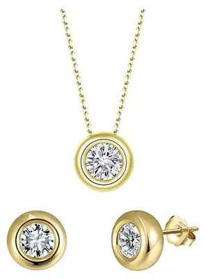 Produktbild von Suzan Gold® Vergoldetes Schmuckset Silber 925 Damen | Halskette mit rundem Anhänger & Ohrstecker mit funkelndem Zirkonia | Edles Schmuckdesign Aurevia – hautfreundlich, wasserfest &