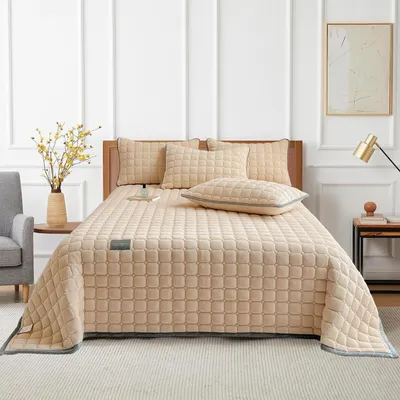 Obrázek produktu pro Přehoz na postel 230x250 cm se 2 povlaky na polštáře 50x70 cm, přehoz na postel, obývací přikrývka, 3 kusy, ultra měkká deka na pohovku pro všechna roční období, světle hnědá