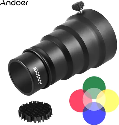 Obrázok produktu pre Andoer 98 mm mini kovový snoot s mriežkou vo forme včelích plástov a súpravou 5 farebných filtrov pre Neewer, Andoer, Godox 180 W, 250 W, 300 W mini štúdiové blesky a monolighty