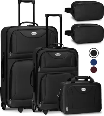 A set of black luggage and toiletry bags arranged on a white background.
