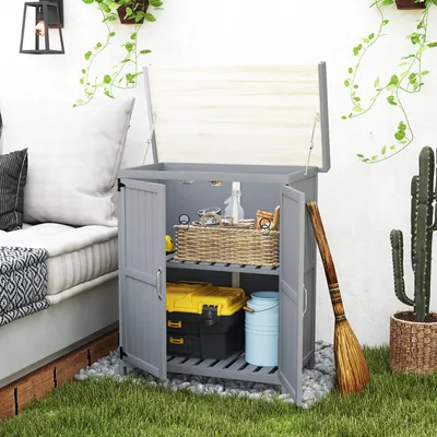 Produktbild von Gartenschrank Tannenholz Edelstahl-Arbeitsfläche, Geräteschrank 2-in-1 Werkbank Doppeltür, Grau | 74 x 43 x 88 cm | 11,5 kg | wetterfest