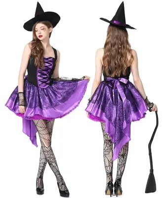 Productafbeelding van Heksenkostuum voor dames - Halloweenkostuum - Tüllrok met spinnenwebprint - Heksenhoed en armwarmers - Maat M - Paars