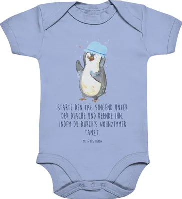 Produktbild von Mr. & Mrs. Panda Strampler Baby Pinguin Duschen 3. - 6. Monat - Dusty Blue - Geschenk, Babybody, overall, Duschkonzert, Singen, Motivation, Dusche, Babystrampler
