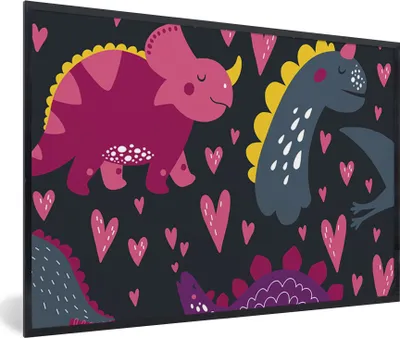 Produktbild von MuchoWow® Gerahmtes Poster Dinosaurier - Kind - Muster - Rosa - Mädchen 90x60 cm - Poster mit Schwarzem Bilderrahmen Wandposter Rahmen Foto Bilder - Fotorahmen - Foto-Plakat