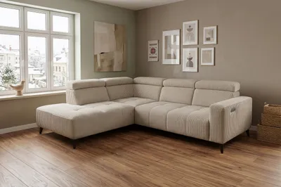 Produktbild von Modernes Ecksofa Velvet Cord hellbraun mit elektrischer Relaxfunktion | Verstellbare Kopfstützen | Edles Design