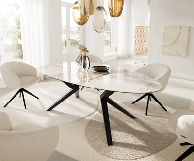 Produktbild von DELIFE Esstisch Edge Oval 220x120 Keramik Minas Melange Weiß-Beige Zenthara kantig Metall Schwarz