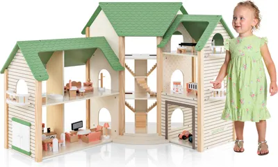 Produktbild von GOPLUS Puppenhaus aus Holz, Dollhouse mit 36-teiligem Zubehör, Traumhaus mit 6 Zimmern, Model 1, Grün