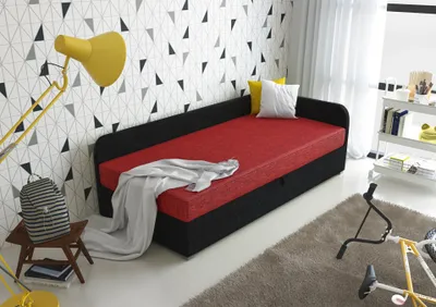 Produktbild von Roe Furniture | Tagesbett - UNO - 90x200 cm - Schwarz&Rot - Jugendbett - Linke - Bett mit Bettkasten - Boxspringbett - Taschenfederkern-Matratze