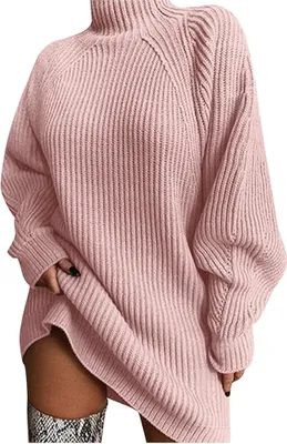 Produktbild von Langer Pullover für Damen, lässig, Oversize-Pulloverkleid, Damen, einfarbig, Rollkragen, Herbst, Strickpullover, Damen(M)