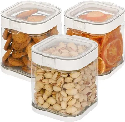 Zdjęcie produktu dla Zestaw 3 szklanych pojemników do przechowywania, każdy o pojemności 900 ml – szczelne pokrywki z silikonową uszczelką, wolne od BPA i ołowiu, odporne na wysokie temperatury, przezroczyste, idealne do przechowywania w kuchni