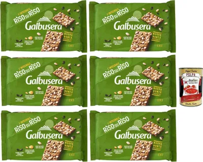 Produktbild von Galbusera RisosuRiso Croccantezza Integrale, Krümelige Cracker mit knusprigen Körnern aus 100% italienischem Puffreis, 6x 380g + Italian Gourmet polpa 400g