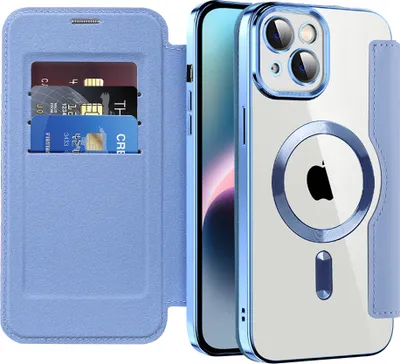 Produktbild von Klapphülle für iPhone 14 Kompatibel mit Magsafe, Klar Überzug Kartenhalter Ledertasche mit Kameraschutz Hellblau