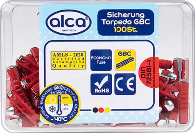 Produktbild von alca® Torpedosicherungen 16 A rot, 100 Stück, DIN 72581-1, 32 V DC, KFZ Sicherungen Set in Box für Auto, Motorrad, Wohnmobil