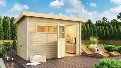 Produktbild von Karibu Saunahaus Außensauna Gartensauna Skrollan 3 unbehandelt ohne Zubehör 38mm Massivholz 396x231x227 cm mit Classic Tür