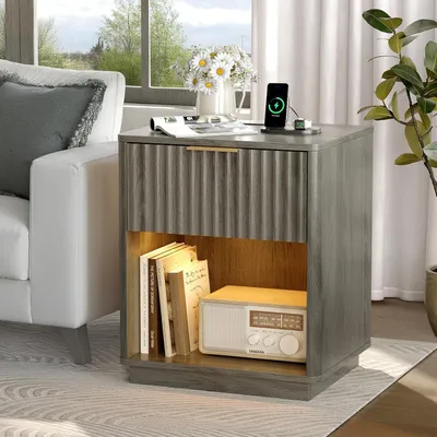 Produktbild von FCH Nachttisch mit Ladestation und LED, Beistelltisch mit offenem Fach, Graueiche