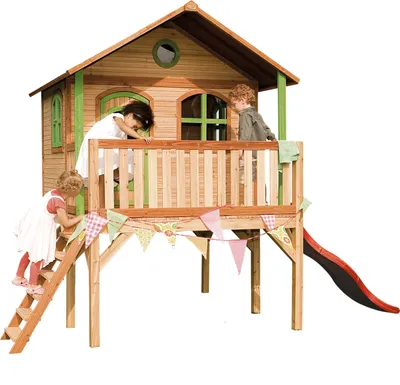 Produktbild von AXI Spielhaus Sophie mit rote Rutsche | Stelzenhaus in Braun & Grün aus  Holz für Kinder | Spielturm mit Wellenrutsche für den Garten