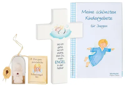 Kinderkreuz 15x9 cm mit Schutzengel – Geschenkset für Jungen