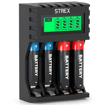 Image de Strex Chargeur de piles - Piles AA/AAA - Rechargeable via USB - Affichage LCD - Chargeur universel pour piles rechargeables