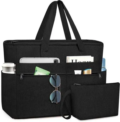 Produktbild von Unyqoos® XXL Strandtasche Damen 57 x 41 x 19 cm – wasserfeste Cord-Strandtasche mit 13 Fächern (7 außen, 6 innen), Reißverschluss, großes Nassfach, faltbar, mit Schulterriemen und Tragetasche