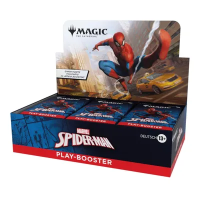 A display box of Magic: The Gathering Marvel's Spider-Man Play Boosters.