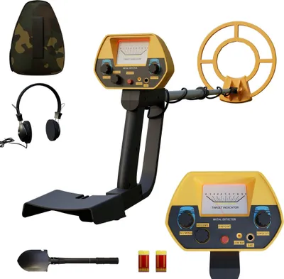 Obrázok produktu pre TRMLBE Detektor kovov Detský žltý set detektora kovov do hĺbky 15 cm vrátane lopaty a slúchadiel a tašky na prenášanie Detektory kovov Ukazovateľ + zvukové tipy
