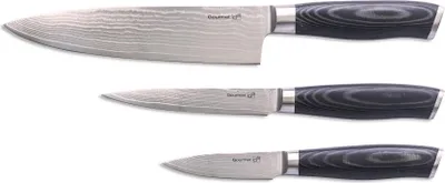 Three kitchen knives of varying sizes are laid out horizontally against a white background.