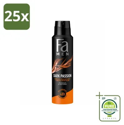 Imagen del producto de 25 aerosoles desodorantes Fa Men, fragancia Dark Passion, 150 ml - Pack grande - 25 unidades