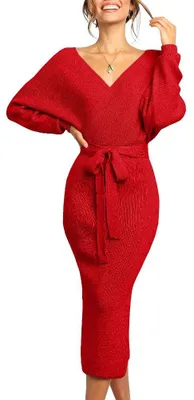 Produktbild von Pulloverkleid mit V-Ausschnitt - Strickkleid - Lange Ärmel - Offener Rücken - Enganliegend