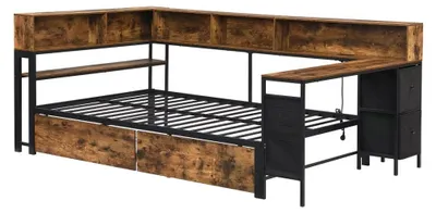 Productafbeelding van Enkelbed - Bedframe - 120 x 200 cm - Metaal en hout - Opbergruimte onder het bed - 2 stoffen lades - Bijzettafeltje - Zwart/Natuurlijk