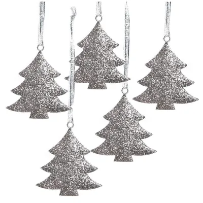 Produktbild von 5 Weihnachtsbaum Anhänger Silber glitzernd 8 cm - Metallanhänger Baum - Baumbehang