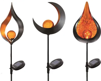 Produktbild von 3-er Set Solar Metall Gartenstecker / Solarstecker (Mond, Flamme, Tropfen) | Glaskugel in Bruchglas-Optik | Höhe: ca 93 cm