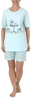 Produktbild von Lässiger Damen Shorty Pyjama Schlafanzug kurzarm mit verspielten MotivLässiger Damen Shorty Pyjama Schlafanzug kurzarm mit verspielten Motiv 64752 ; hellblau , 36