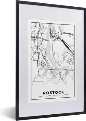 Produktbild von MuchoWow® Gerahmtes Poster Karte - Stadtplan - Rostock - Karte 40x60 cm - Poster mit Schwarzem Bilderrahmen Wandposter Rahmen Foto Bilder - Poster in Rahmen