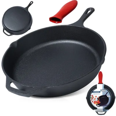 A cast iron pan and accessories are displayed against a white background.