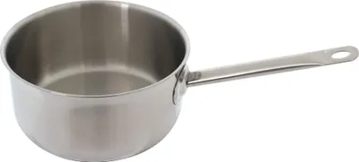 A stainless steel saucepan with a long handle is shown against a white background.
