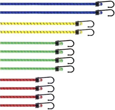 Produktbild von PolkaHome® 12x Spanngurte mit Haken – Zurrgurt-Set in vier Längen – Schnellspanner für Fahrrad, Camping oder Gepäck – Elastikseil – Gelb