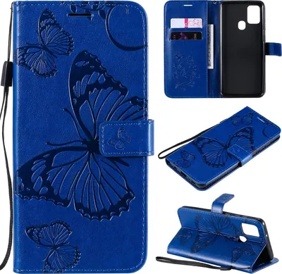 Produktbild von Mobigear Butterfly Schutzhülle für Samsung Galaxy A21s – Klapphülle/Etui mit Geldbörsenfunktion – Blau
